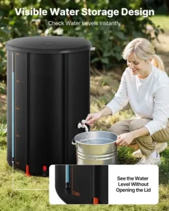 Regntunna - Hopfällbar regnvattentunna - Kapacitet 380 l - PVC 1000D - Med kran och överfyllningskit - För trädgård - Svart