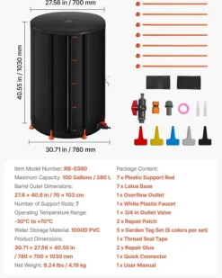 Regntunna - Hopfällbar regnvattentunna - Kapacitet 380 l - PVC 1000D - Med kran och överfyllningskit - För trädgård - Svart