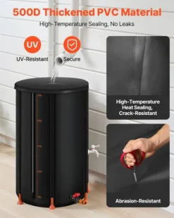 Regntunna - Hopfällbar regnvattentunna - Kapacitet 250 l - PVC 500D - Med tappkran och överfyllningskit - Regnvattenuppsamlare - Svart