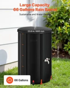 Regntunna - Hopfällbar regnvattentunna - Kapacitet 250 l - PVC 500D - Med tappkran och överfyllningskit - Regnvattenuppsamlare - Svart