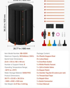 Regntunna - Hopfällbar regnvattentunna - Kapacitet 250 l - PVC 500D - Med tappkran och överfyllningskit - Regnvattenuppsamlare - Svart