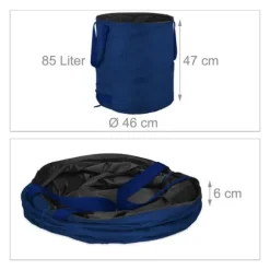 Relaxdays 3 självstående trädgårdssäckar, 85 l, pop-up system, 3 handtag vardera, UV-resistenta, vattentäta, blå