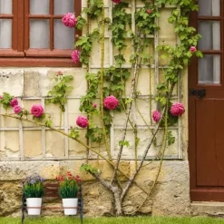 Relaxdays blomsterbänk, gjutjärn och trä, växtstöd för blomkrukor, olika dimensioner, brun/grön-grå