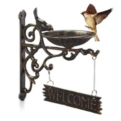 Relaxdays Brunnar i gjutjärn Välkomnande skylt, Trädgårdsdekoration, Väggfäste; vattenskål, bronsad