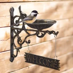 Relaxdays Brunnar i gjutjärn Välkomnande skylt, Trädgårdsdekoration, Väggfäste; vattenskål, bronsad