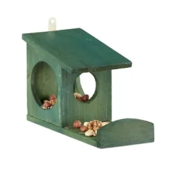 Relaxdays Ekorre mata, Matningsdispenser, att hänga, trä, HLP: 17,5 x 14 x 25 cm, mörkgrön