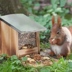 Relaxdays Ekorrmatare, Trä matare, vattentät metalltak, att ställa på, Ekorrhus, flammad