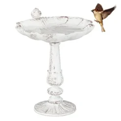 Relaxdays fågelbad, gjutjärn, trädgårdsdekoration, antik stil, fågelmatare på fot, 40 cm hög, vit