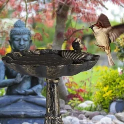 Relaxdays fågelbad, gjutjärn, trädgårdsdekoration, antik stil, fågelmatare på fot, 40 cm hög, vit