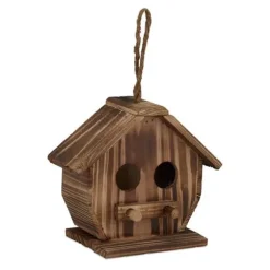 Relaxdays fågelhus dekoration, i bränt trä, hängande voljär, för utomhusbruk, 28,5 x 19 x 10,5 cm, naturlig