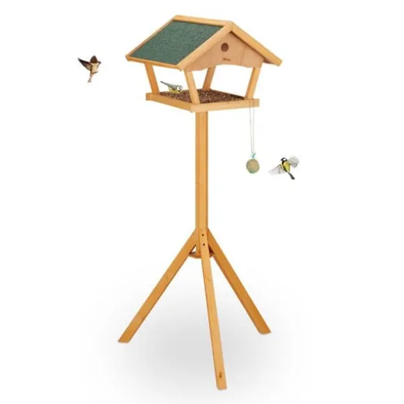 Relaxdays Fågelmatare med stöd, stor, tak som tål väder och vind, trä, 137 x 66 x 59 cm, natur/grön