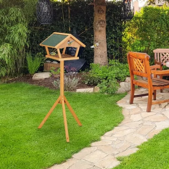 Relaxdays Fågelmatare med stöd, stor, tak som tål väder och vind, trä, 137 x 66 x 59 cm, natur/grön