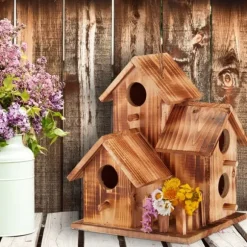 Relaxdays fågelnest, att hänga, balkong, terrass, trädgård, bränt trä, dekornisch, HLP 34x20x19 cm, naturlig