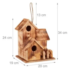 Relaxdays fågelnest, att hänga, balkong, terrass, trädgård, bränt trä, dekornisch, HLP 34x20x19 cm, naturlig
