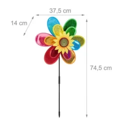 Relaxdays Flower Windmill, Wind Chime Barnleksak Trädgård Balkong Fågelskrämma HxBxD 74,5 x 37,5 x 14 cm, Färgglad