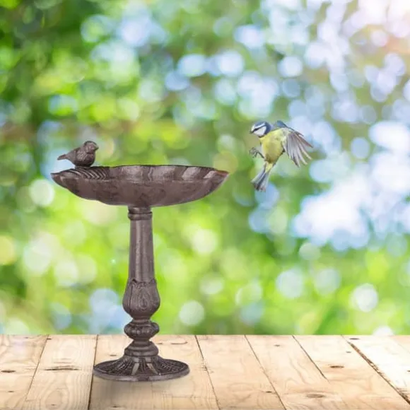 Relaxdays Fontäner i gjutjärn på fot, Trädgårdsdekoration, Snäckmatare för vilda fåglar brun