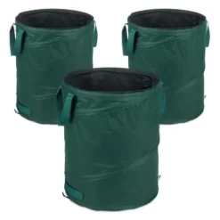 Relaxdays Självbärande trädgårdsavfallspåsar, 3-pack, 90 L, 3 handtag, soptunna, UV-beständig, vattentät, grön