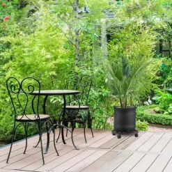 Relaxdays stöd för rullande växter, rund, i metall, rullande bricka för blomkrukor, antik utseende, brun