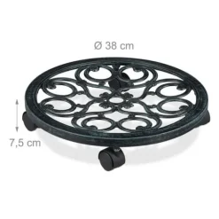 Relaxdays stöd rullande växter rund, i metall, rullande fat blomkrukor, antik utseende, grön