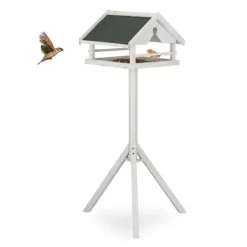 Relaxdays Utomhusfågelmatare, stativ, väderbeständig tak, trä, HLP 120x62x55 cm, vit