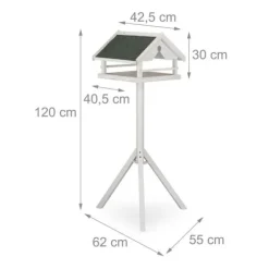Relaxdays Utomhusfågelmatare, stativ, väderbeständig tak, trä, HLP 120x62x55 cm, vit