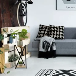 Relaxdays Växtställ, 2 ytor med träeffekt, modern blomsterpall, HLP: 57x29x29 cm, kolonn, svart-ljust brunt