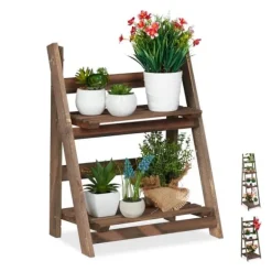 Robust blomstertrappa i trä mörkbrun