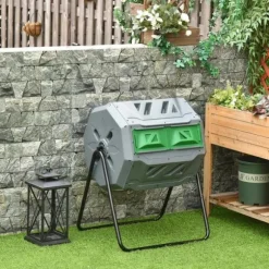 Rootz 2-behållare kompostbehållare - 160L Kapacitet - Roterande kompostbehållare - Grå + Grön + Svart - 71cm x 65cm x 96cm