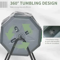 Rootz 2-behållare kompostbehållare - 160L Kapacitet - Roterande kompostbehållare - Grå + Grön + Svart - 71cm x 65cm x 96cm