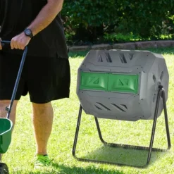 Rootz 2-behållare kompostbehållare - 160L Kapacitet - Roterande kompostbehållare - Grå + Grön + Svart - 71cm x 65cm x 96cm