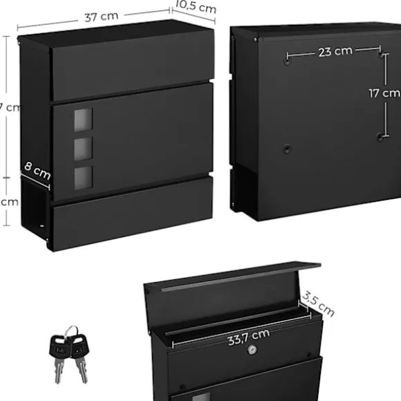 Rootz brevlåda - Väggbrevlåda - Väggmonterad - Låsbar - Tidningsfack - Svart - Metall - 37 x 10,5 x 37 cm
