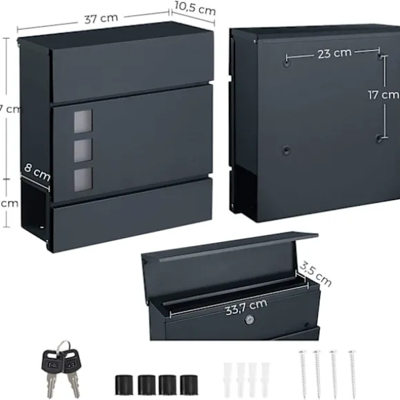 Rootz brevlåda - Väggbrevlåda - Väggmonterad - Låsbar - Tidningsfack - Svart - Metall - 37 x 10,5 x 37 cm