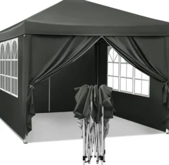 Rootz Gazebo Pop-Up-tält - Vattentät Pagoda - Solskydd - UV-skydd, Regnbeständig, Enkel installation - Metall och 210D Oxford-tyg - 3 x 3 m Grå