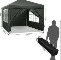 Rootz Gazebo Pop-Up-tält - Vattentät Pagoda - Solskydd - UV-skydd, Regnbeständig, Enkel installation - Metall och 210D Oxford-tyg - 3 x 3 m Grå