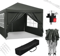 Rootz Gazebo Pop-Up-tält - Vattentät Pagoda - Solskydd - UV-skydd, Regnbeständig, Enkel installation - Metall och 210D Oxford-tyg - 3 x 3 m Grå