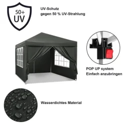 Rootz Gazebo Pop-Up-tält - Vattentät Pagoda - Solskydd - UV-skydd, Regnbeständig, Enkel installation - Metall och 210D Oxford-tyg - 3 x 3 m Grå
