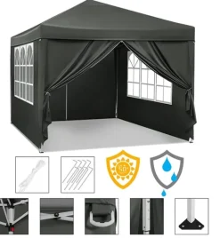 Rootz Gazebo Pop-Up-tält - Vattentät Pagoda - Solskydd - UV-skydd, Regnbeständig, Enkel installation - Metall och 210D Oxford-tyg - 3 x 3 m Grå