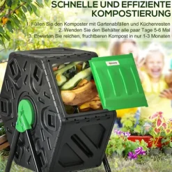 Rootz 65L Compost -behållare - roterbar komposter - termisk kompostfack - näringsrik kompost - 60x49x77cm - grön+svart