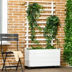 Rootz Planterkruka med spaljé - 4 hjul - Naturligt trä - Väderbeständig färg - Vit - 76 x 30 x 155 cm