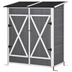 Rootz Verktygsbod - Trädgårdsskåp - 2 dörrar - Verktygsskåp - Trädgårdsförvaring - Trä - Grå/Vit - 139 x 75 x 160 cm