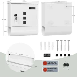 Rootz White Mailbox - Wall -Moned Post Box - Secure Locking System - Galvanized Steel - 30,6 x 33,5 x 10 cm