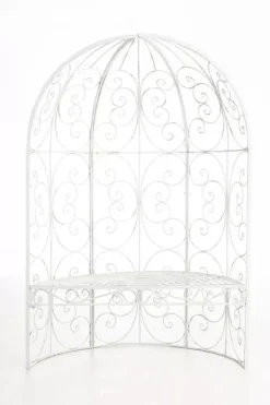 Rosie Half Gazebo with Bench - Antique White Metal Garden Trellis Pavilion