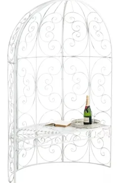 Rosie Half Gazebo with Bench - Antique White Metal Garden Trellis Pavilion