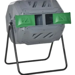 Rotary Drum Kompostör, Dubbelkammare, Metallkonstruktion, 160L Kapacitet,Grå och Grön