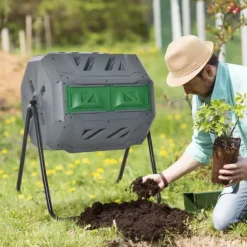 Roterande trumkompost 160 L, 2 kammare – snabbkompost för trädgårdsavfall, grå