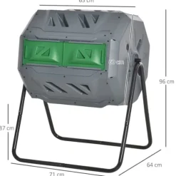 Roterande trumkompost 160 L, 2 kammare – snabbkompost för trädgårdsavfall, grå