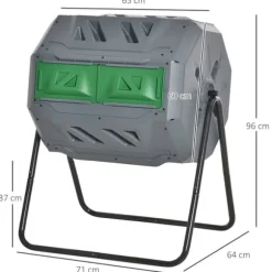 Roterande trumkompost 160 L, 2 kammare – snabbkompost för trädgårdsavfall, grå