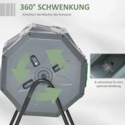 Roterande trumkompost 160 L, 2 kammare – snabbkompost för trädgårdsavfall, grå