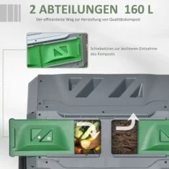 Roterande trumkompost 160 L, 2 kammare – snabbkompost för trädgårdsavfall, grå