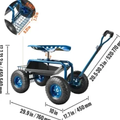 Rullande Trädgårdsvagn, Ergonomisk Design, Justerbart Styrsystem,Blå
